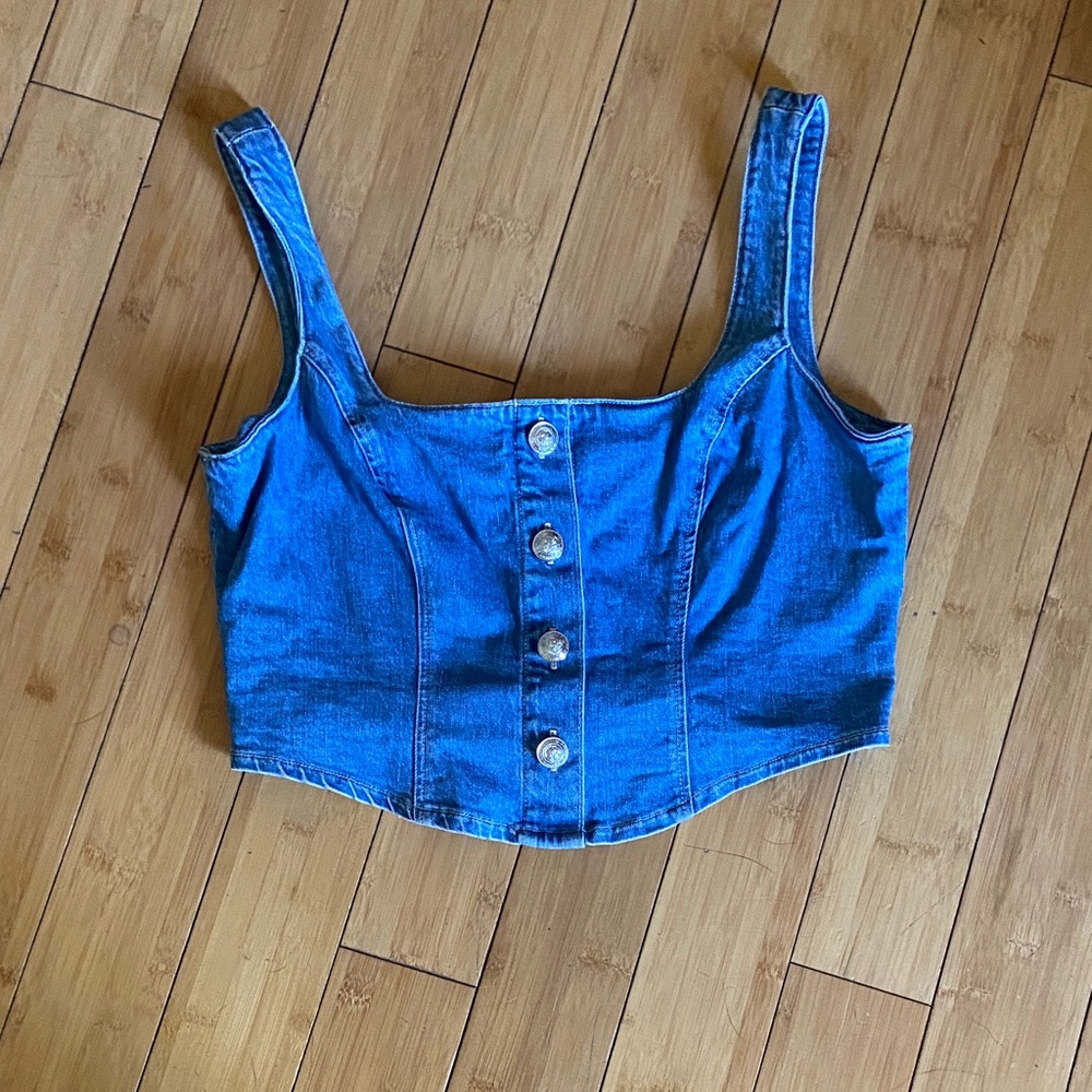L'AGENCE Blue Denim Crop Button Tank